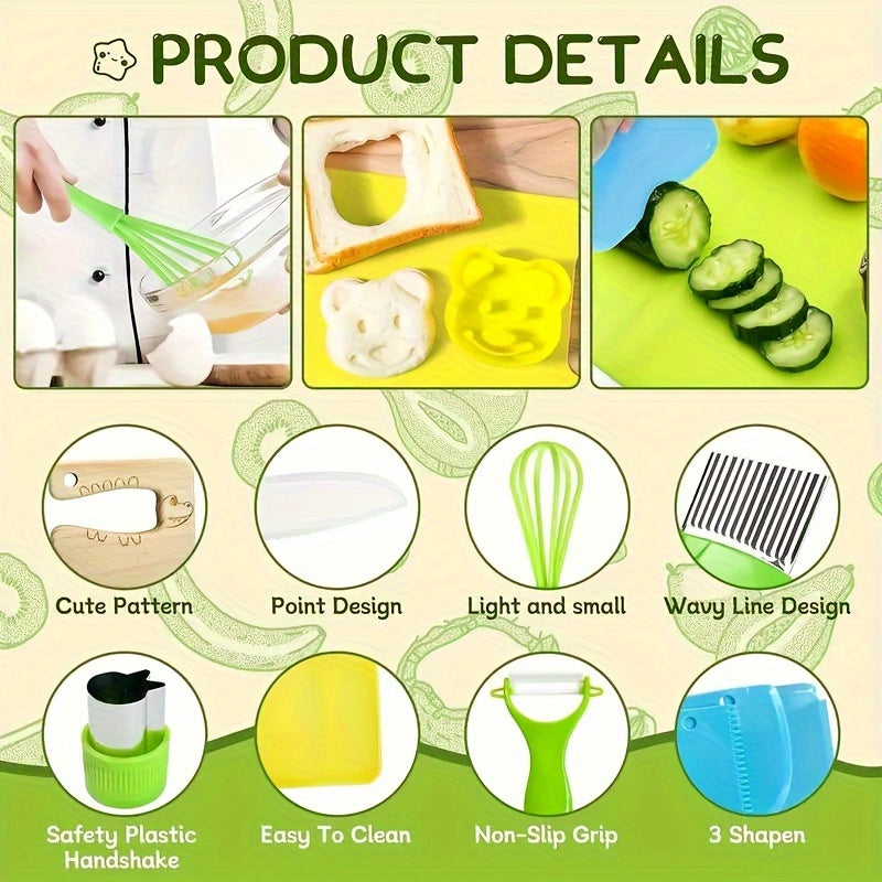 17PCS Montessori Kitchen Tools For Toddlers, Kids Cooking Sets Real, Safe Knife Set For Real Cooking With Plastic Toddler Safe Knives Crinkle Cutter Kids Cutting Board