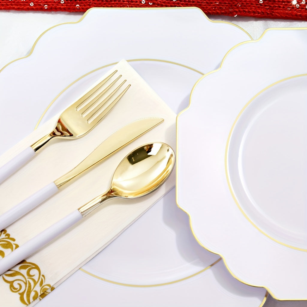 140PCS Plastic Plates - Gold Plastic Silverware, Gold Disposable Plates Include 40Plates, 20Cups, 20Forks, 20 Knives, 20Spoons, 20Napkins for Weddings & Parties