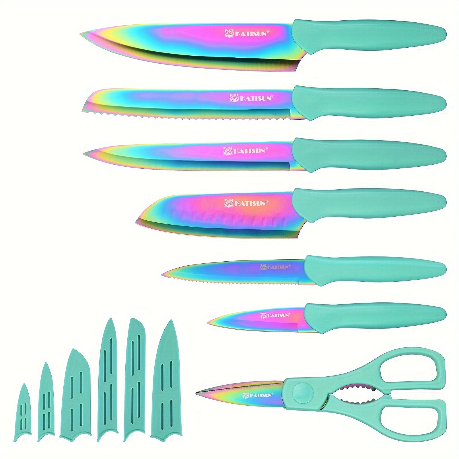13 Piece Non-stick Coating Stainless Steel Boxed Knives Set, Anti-Rust and Dishwasher Safe, 6 Knives with 6 Blade Covers and one Kitchen Shear