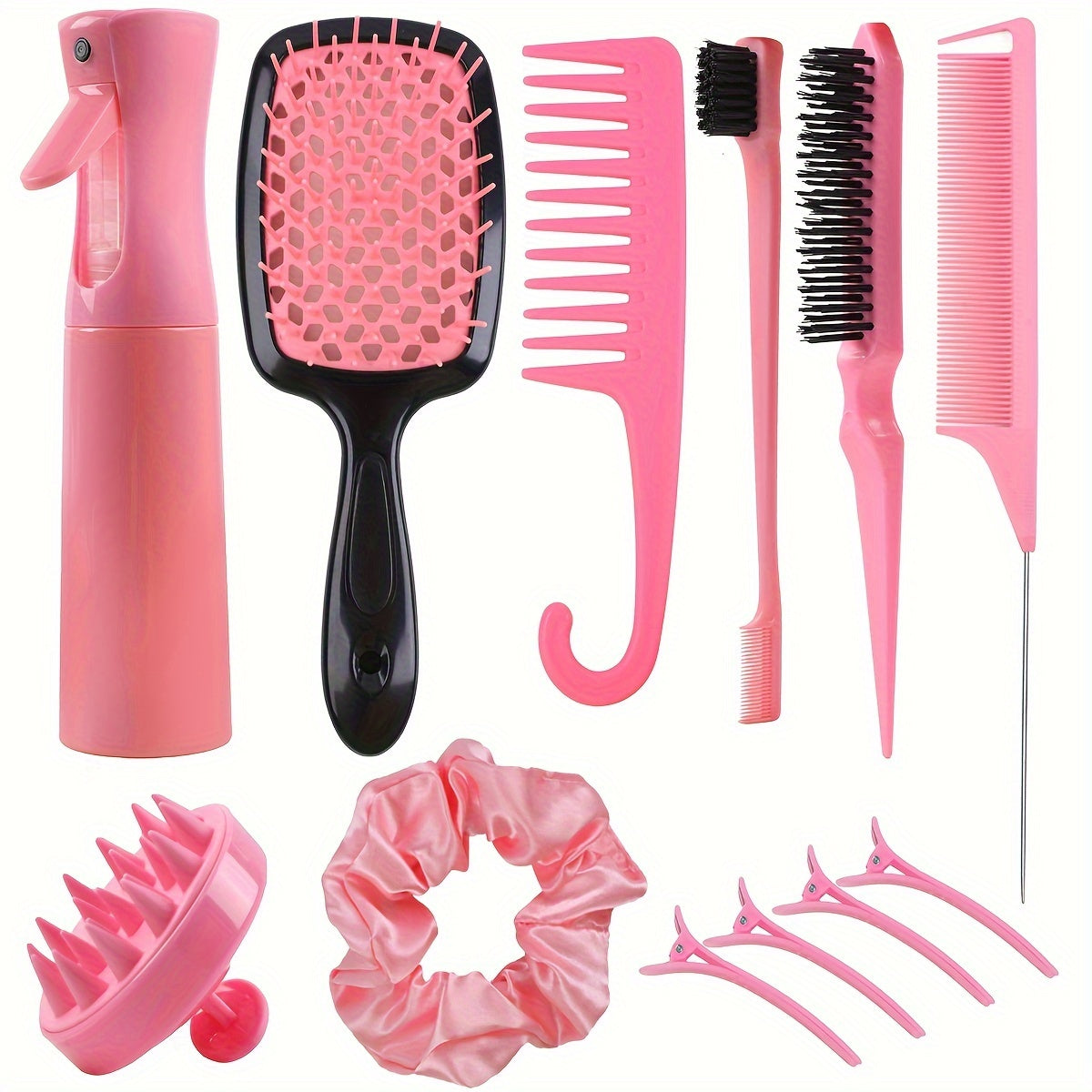 12-Piece Hair Styling Tool Set | Unisex Adult | Curl Enhancing, Normal Hair | Unscented - Includes Detangler Brush, Spray Bottle, Scalp Massager, Wide Tooth Comb, Bristle Brush & Accessories for Wet/Dry Hair
