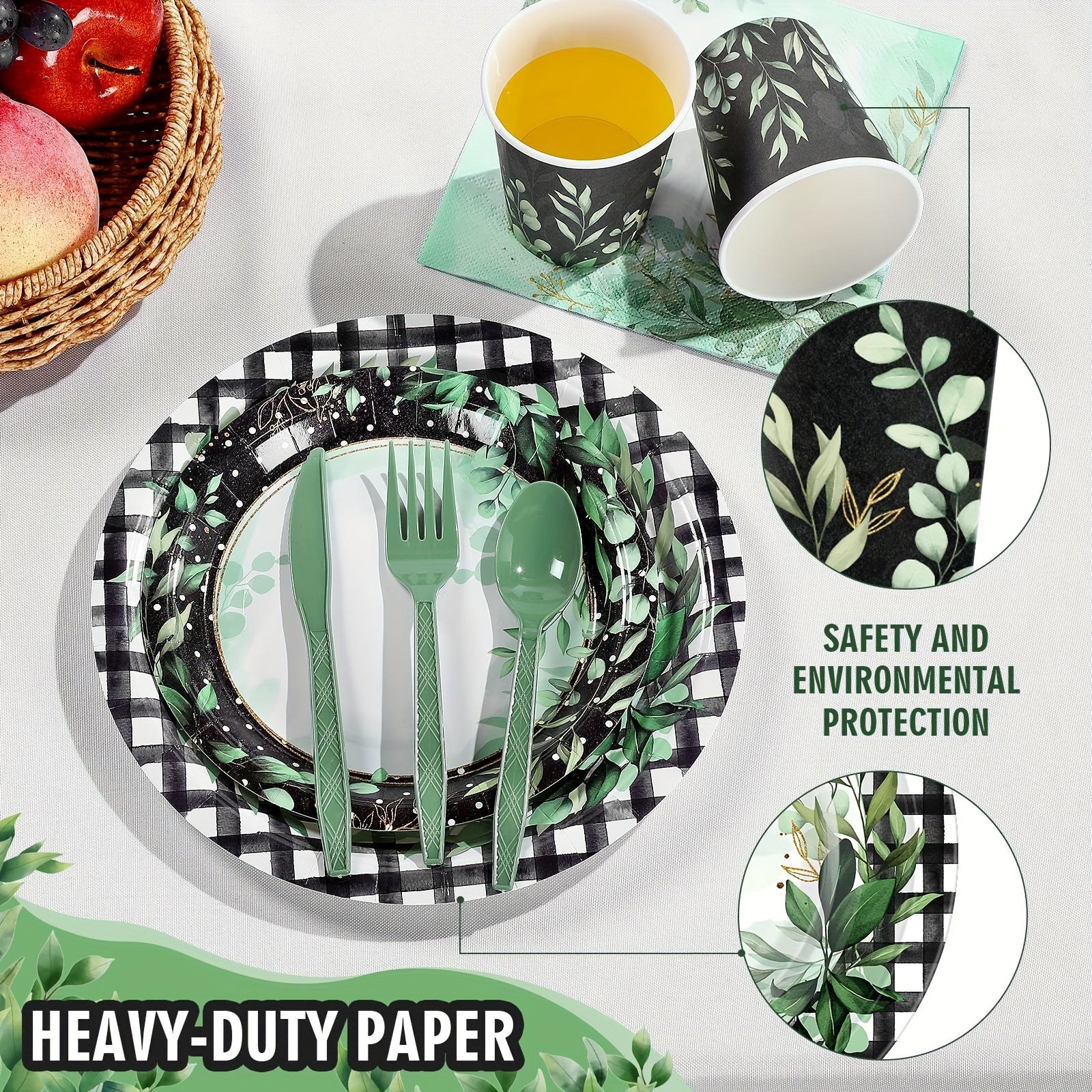 168 Pcs Sage Greenery Party Supplies Eucalyptus Green Leaves Disposable Tableware Set 9" And 7" Paper Plates And Napkins Cups Plastic Fork Knives Spoon For Sage Greenery Party Dinnerware