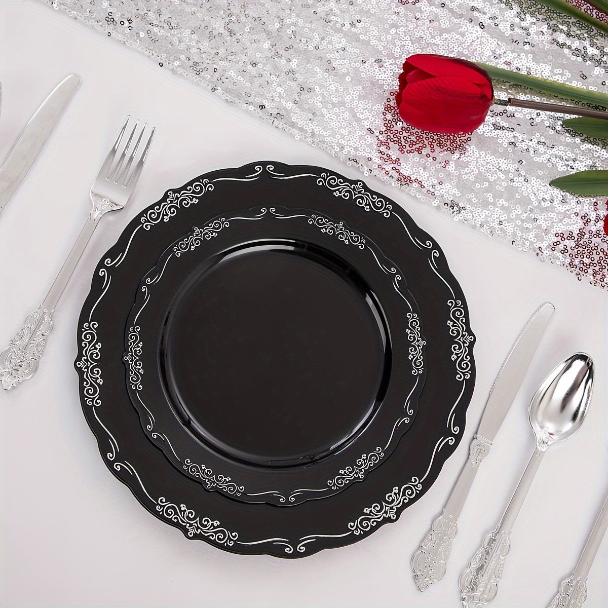 150 Pcs Black Silver Plastic Plates & Silver Plastic Silverware, Black Silver Disposable Plates for Party Include: 30 Dinner Plates 10.25 inch, 30 Dessert Plates 7.5 inch, 30 Knives, 30 Forks, 30 Spoons for Party