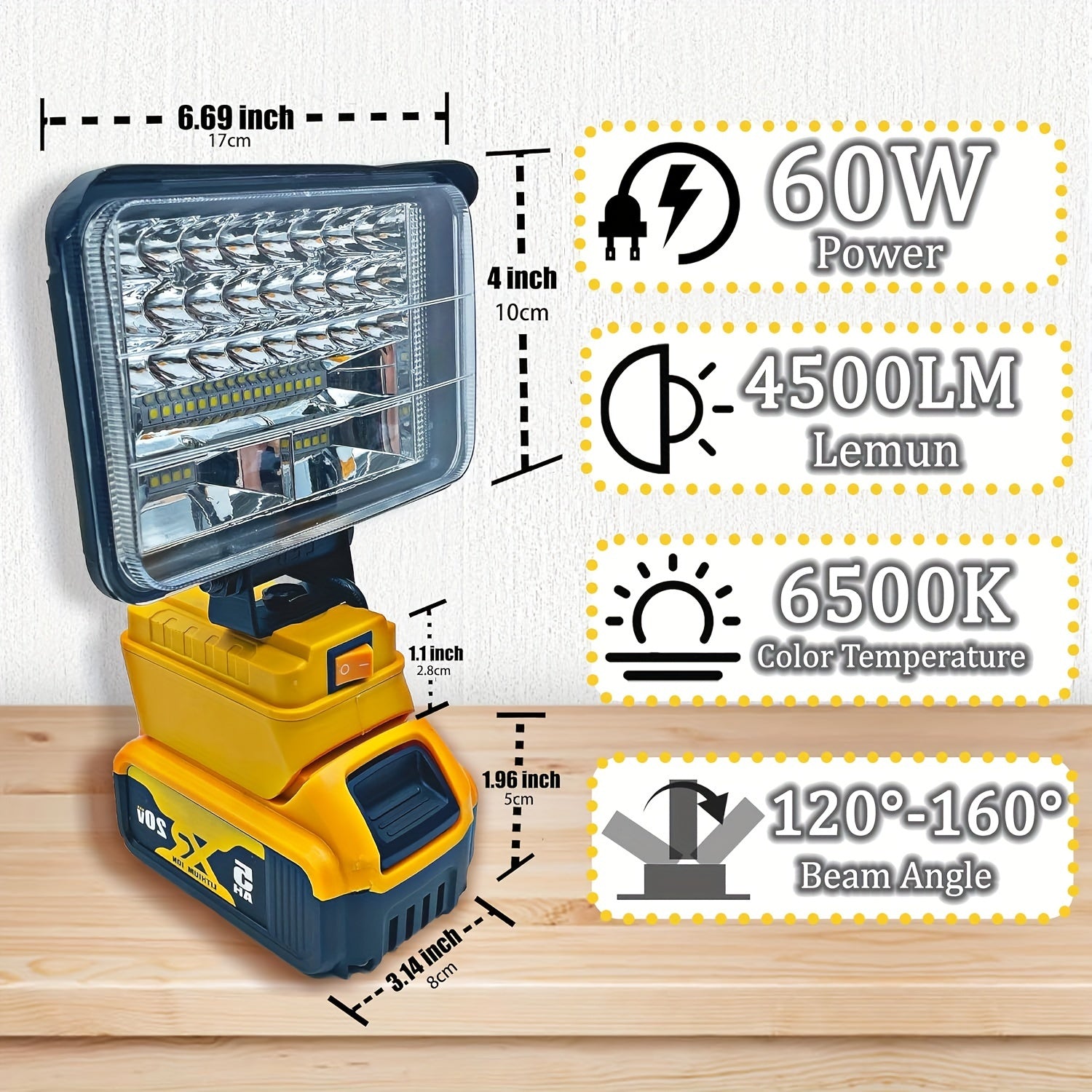 1pc Cordless LED Work Light, For DeWALT 20V Battery, 48W 3800 Lumens/60W 4500 Lumens/90W 5400 Lumens LED Floodlight, With 2 USB Charging Ports, Battery Light For Outdoor, Camping, Car Repairing, Emergency And Job Site Lightin