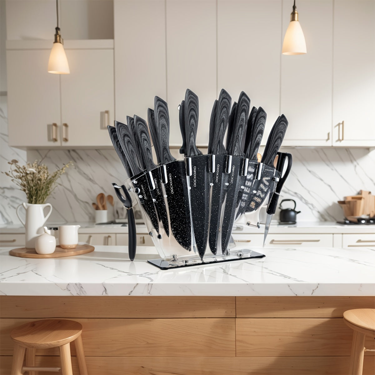 19pcs High Carbon Stainless Steel Sharp includes Serrated Steak Knives Set, Kitchen Knife Set with Block Chef Knives, Bread Knife, Scissor, Sharpener, All in one