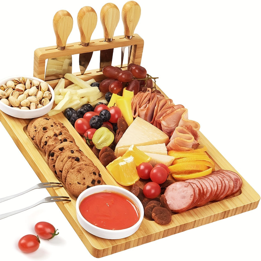1 Set Cheese Board Set - Meat Cheese Tray, Deli Board Set With 4 Stainless Steel Cheese Knives, Perfect For Parties, Wedding Cheese Spatula, Bamboo Cheese Board And Knife Set, Cheese Plate, Serving Tray, Kitchen Supplies
