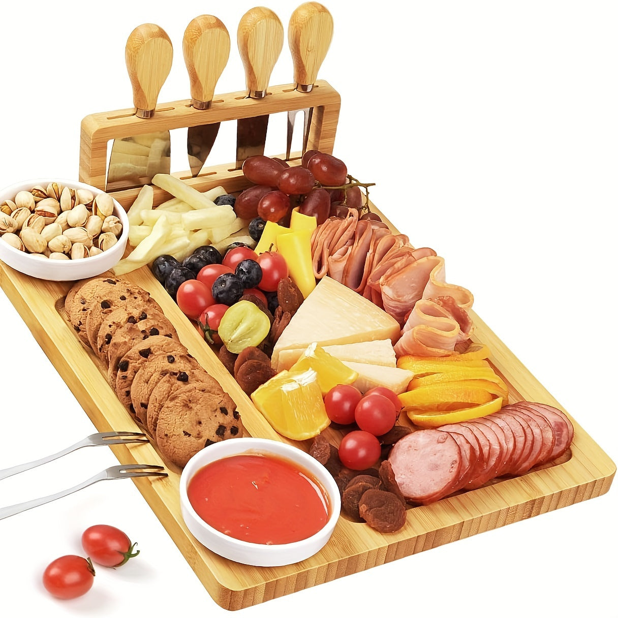 1 Set Cheese Board Set - Meat Cheese Tray, Deli Board Set With 4 Stainless Steel Cheese Knives, Perfect For Parties, Wedding Cheese Spatula, Bamboo Cheese Board And Knife Set, Cheese Plate, Serving Tray, Kitchen Supplies
