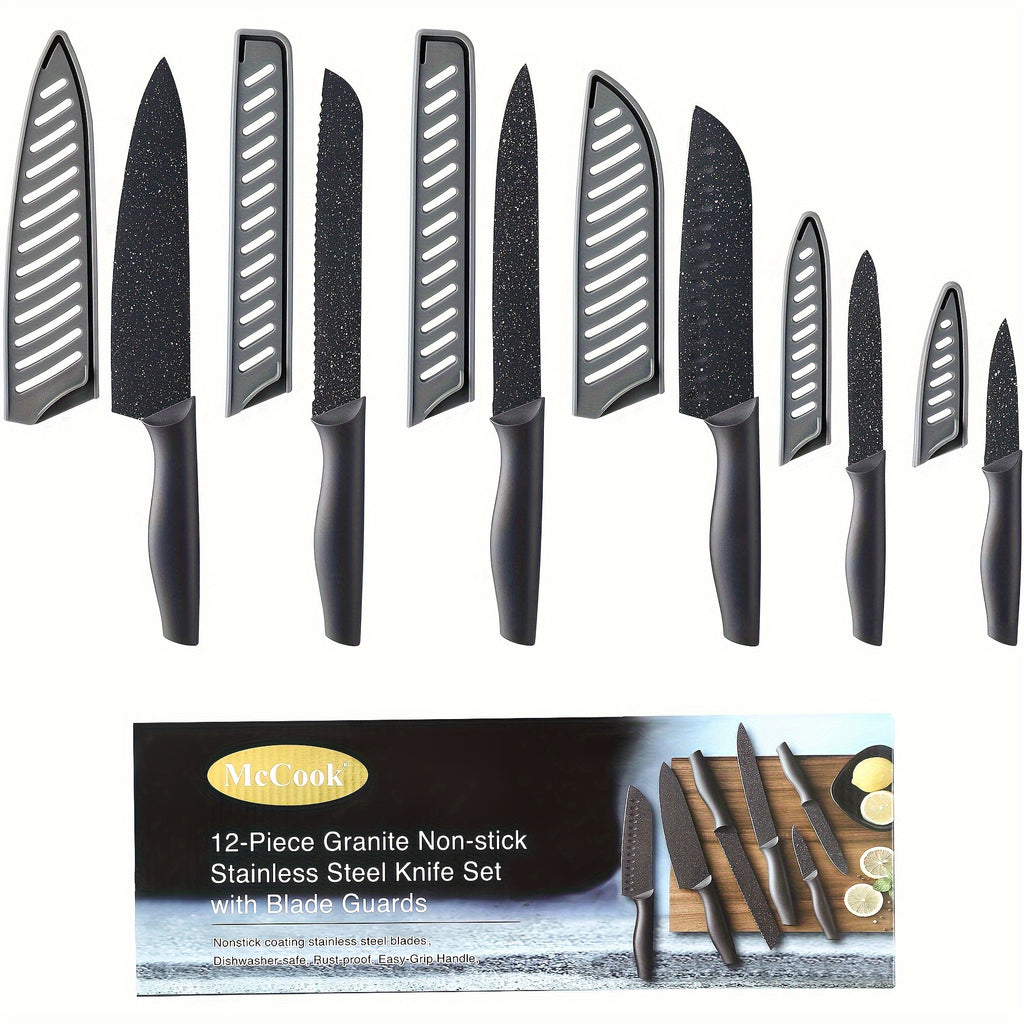 12pcs Granite Kitchen Knife Set, High Carbon German Stainless Steel Knives Set With Blade Guards, Non-stick Coating, Ultra Sharp, Dishwasher Safe