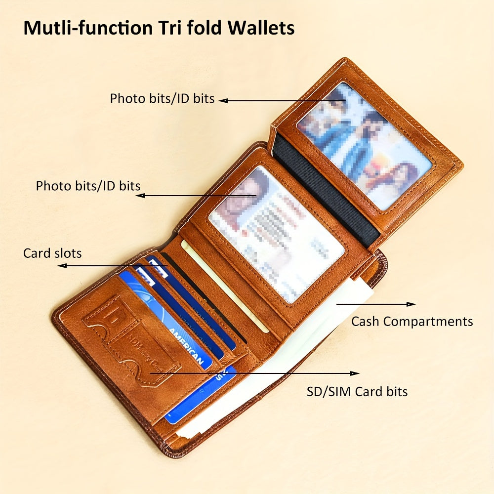 1pc CIEPHIA Vintage Genuine Leather RFID Blocking Wallet for Men - Slim, Multi-Functional ID & Credit Card Holder, Deep Brown with Embossed Logo, Ideal Gift for Valentine's Day
