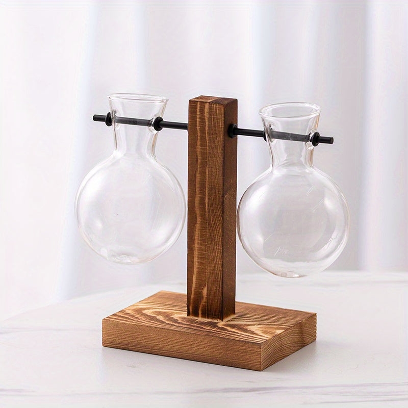 1/2/4pcs Hydroponic Glass Vase, Vintage Desktop Plant Terrarium Planter Bulb Vase, Water Planting Propagation Vase Planters Hydroponics Plants With Retro Wooden Stand Home Garden