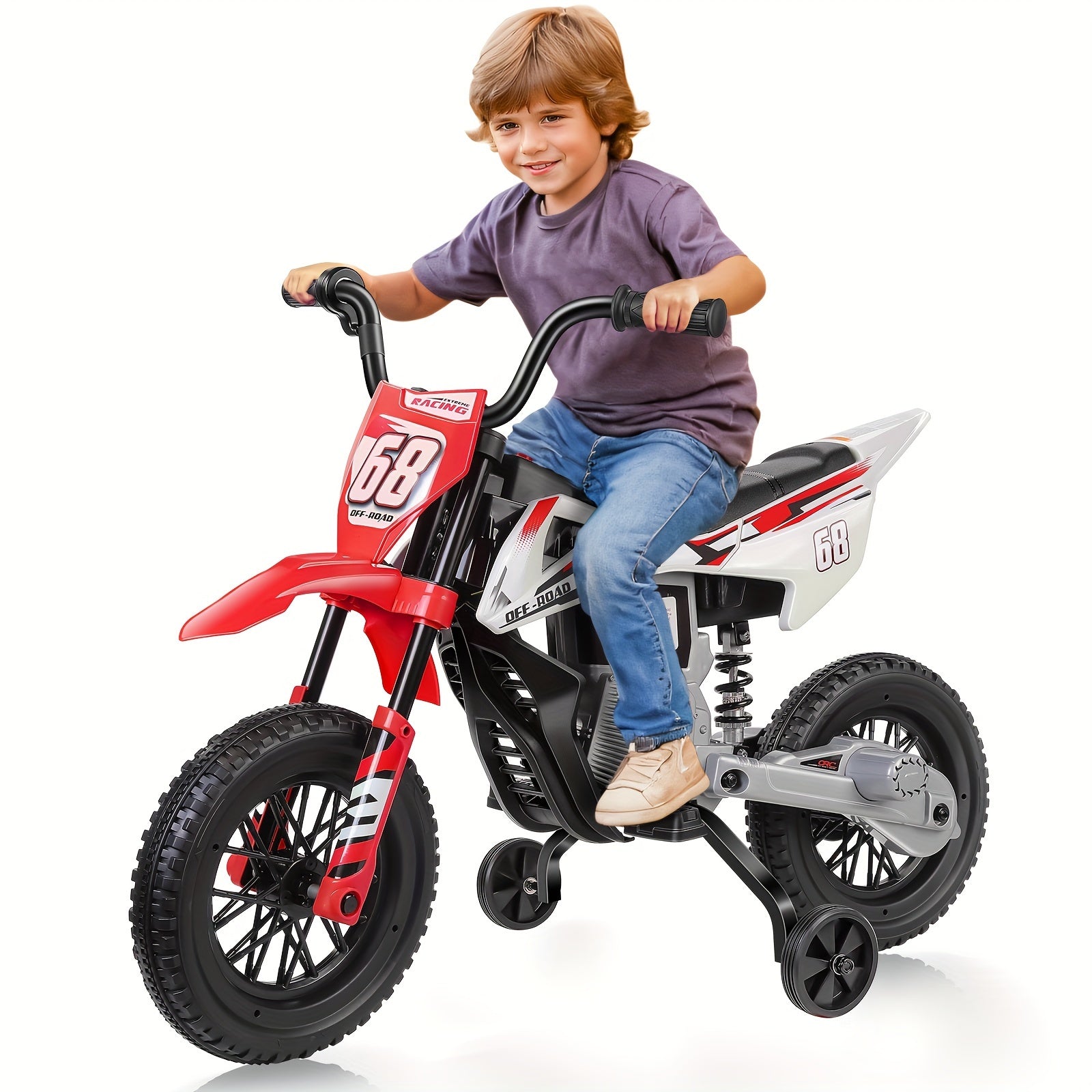 12V Electric Dirt Bike, Kids Electric Motorcycle With 30W*2 Motor, Training Wheels, Spring Suspension, Battery-Powered Ride On Toy Car For Toddler Boys And Girls Ride On Car