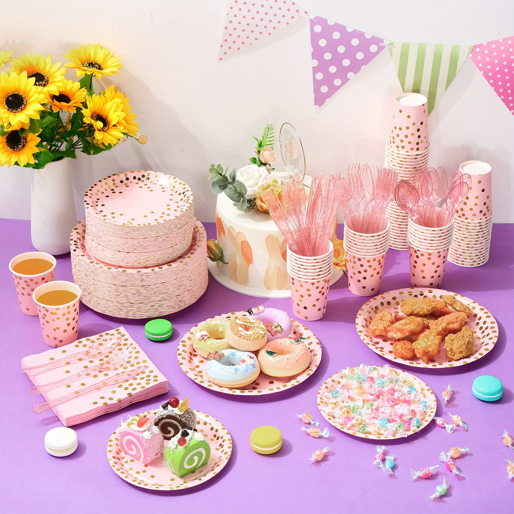 1050 Pcs Gold Dot Paper Plates Set Serve 150 Polka Dot Party Supplies Include Paper Plates Napkins Cups And Plastic Forks Knives Spoons For Birthday Engagement Baby Shower Wedding, Pink