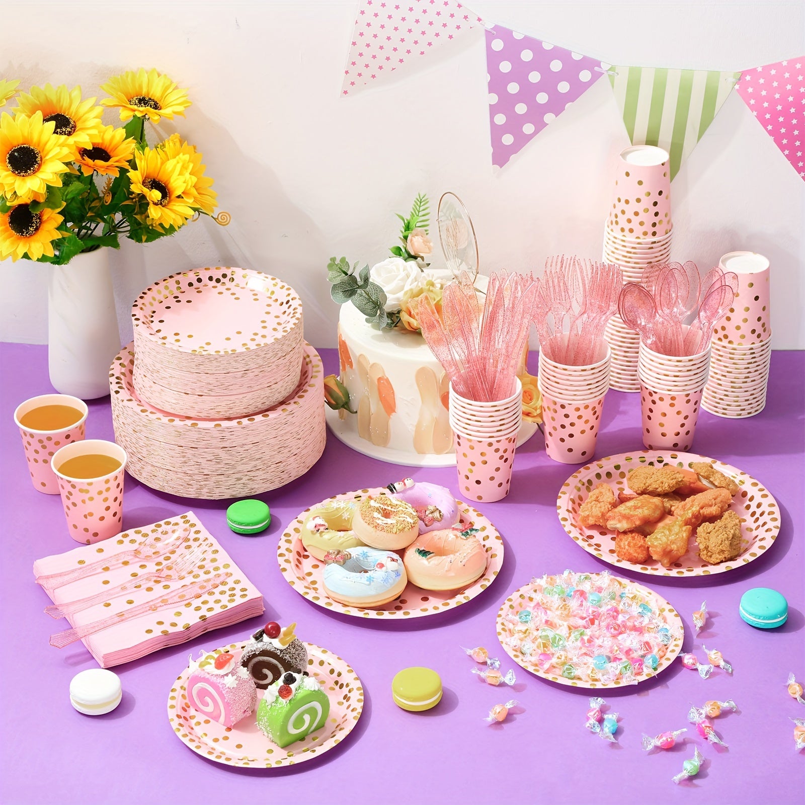 1050 Pcs Gold Dot Paper Plates Set Serve 150 Polka Dot Party Supplies Include Paper Plates Napkins Cups And Plastic Forks Knives Spoons For Birthday Engagement Baby Shower Wedding, Pink