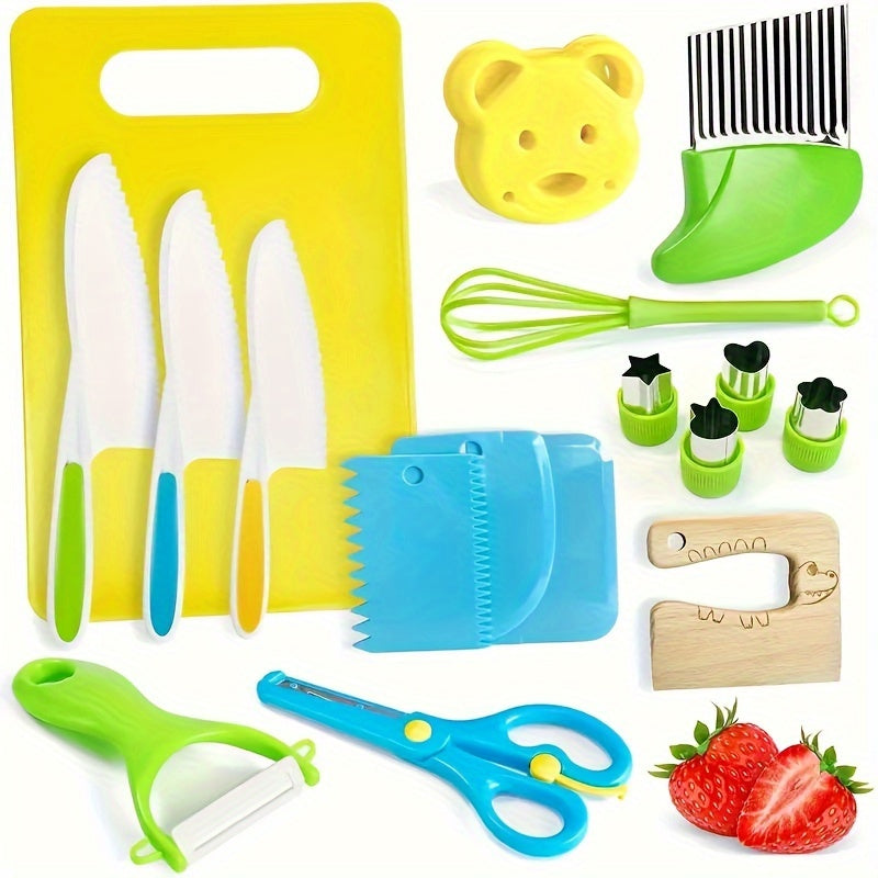 17PCS Montessori Kitchen Tools For Toddlers, Kids Cooking Sets Real, Safe Knife Set For Real Cooking With Plastic Toddler Safe Knives Crinkle Cutter Kids Cutting Board