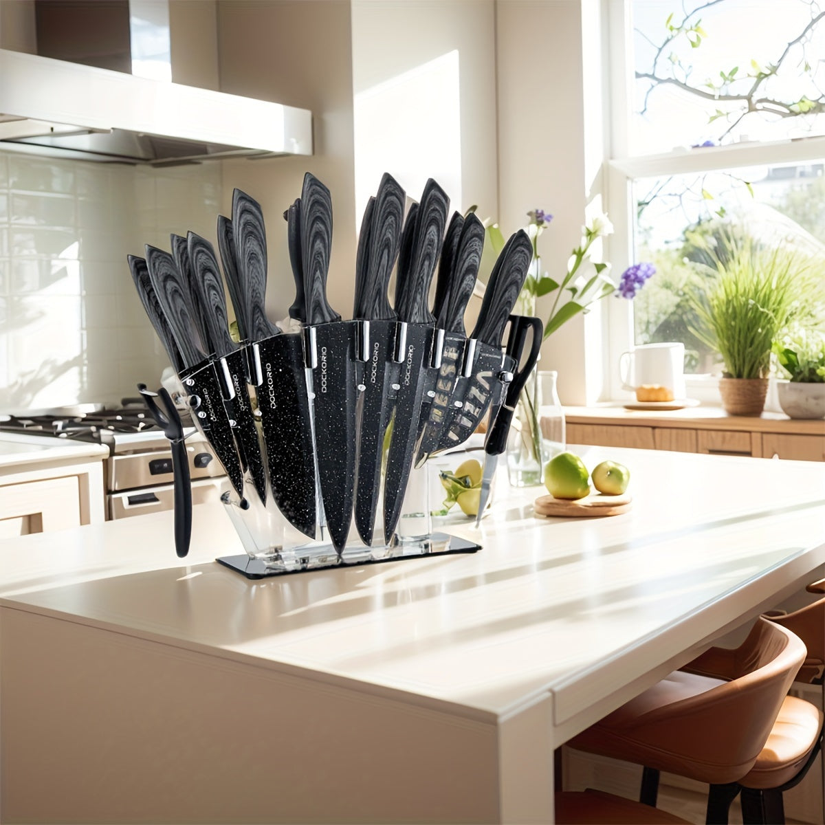 19pcs High Carbon Stainless Steel Sharp includes Serrated Steak Knives Set, Kitchen Knife Set with Block Chef Knives, Bread Knife, Scissor, Sharpener, All in one