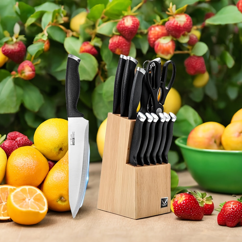 15pcs Professional Kitchen Knife Set, Kitchen Accessories, Super Sharp Knife Set With Wooden Block, Chef Knife Set With Sharpener, High Carbon Stainless Steel Hammered Knife Block Set With Steak Knives, Selection For Easter G