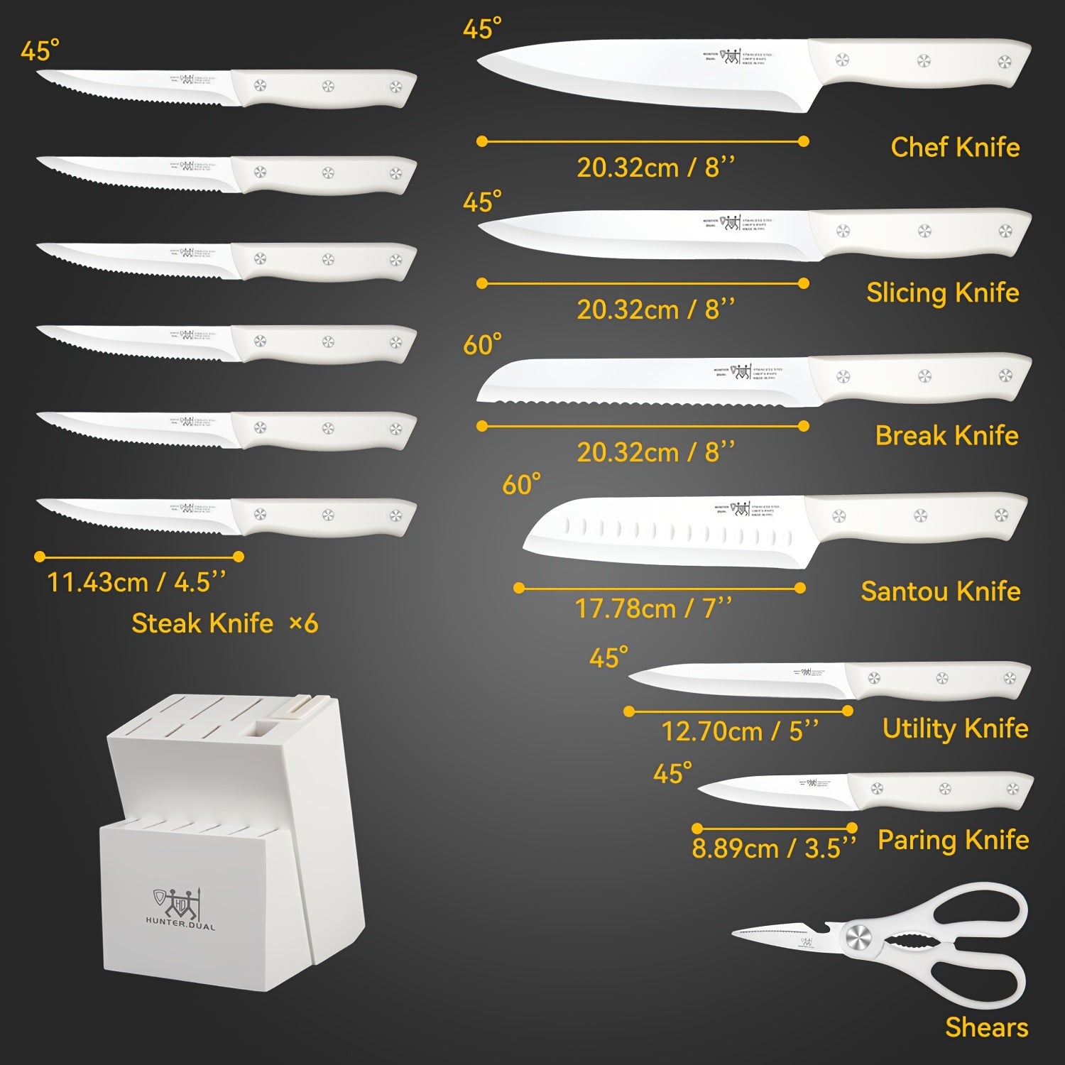 15pcs Knife Set with Sharpener Block - German Stainless Steel, Dishwasher Safe Kitchen Knives with Built-In Sharpener, white