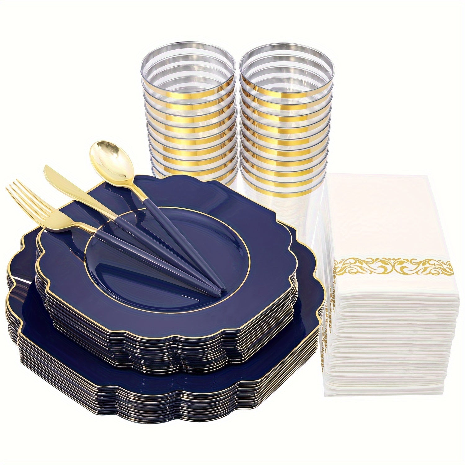 140PCS Plastic Plates - Gold Plastic Silverware, Gold Disposable Plates Include 40Plates, 20Cups, 20Forks, 20 Knives, 20Spoons, 20Napkins for Weddings & Parties