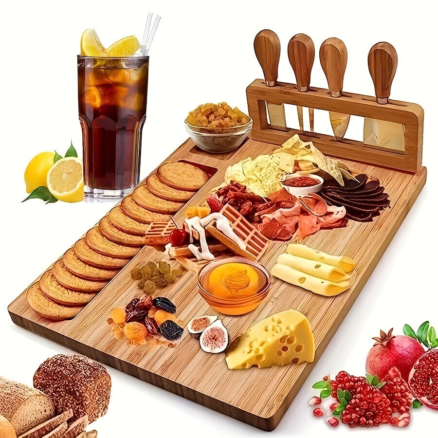 1 Set Bamboo Cheese Board Set, Cheese Tray, Charcuterie Board and Serving Meat Platter with 4 Stainless Steel Cheese Knives, Ideal for Wedding Gifts Christmas Birthday Party