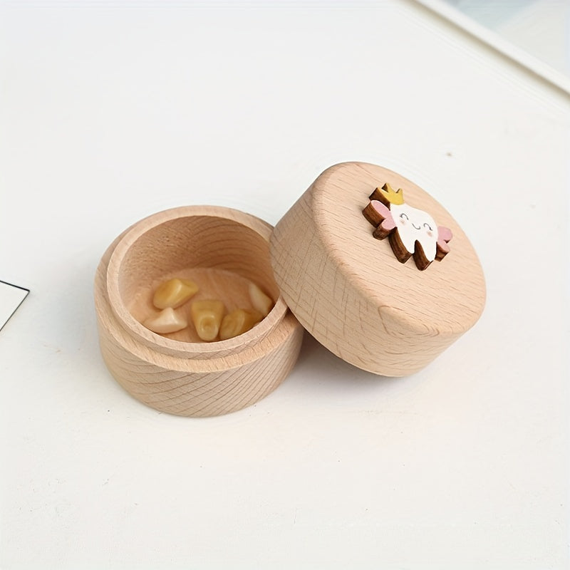 1pc Charming Wooden Tooth Fairy Keepsake Box for Youngsters - Cute 3D Tooth & Crown Design, Natural Wood Youngsters Tooth and Umbilical Cord Storage Case with Easy-Store Lid, Perfect Souvenir Gift for Youngsters, Tooth Fairy