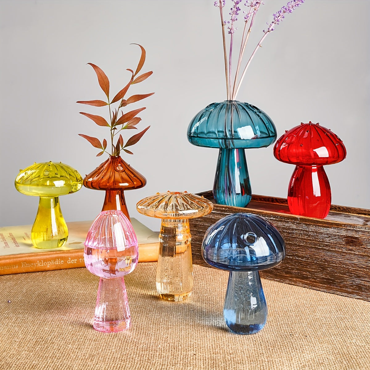 1pc Colorful Glass Mushroom Vase for Indoor Hydroponic Flower Arrangement and Home Decor