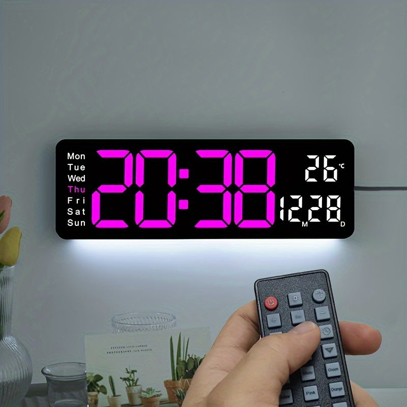 1pc 16-Inch Remote Control Digital Wall Clock, Temperature Date Display With Mood Light, Dual Alarm, Countdown, 10-Level Brightness Adjustment, 12/24H Format, Plastic Material, USB Powered (2 * AAA Battery For Memory Function