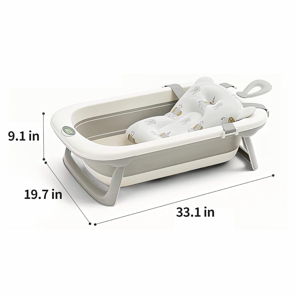 UNICOO® Baby Tub - Foldable Infant Bath Tub for Newborn to Toddler - Portable Baby Bathtub with Soft Cushion &Thermometer - Safety Belt, Detachable Cushion, Convenient Bathtub
