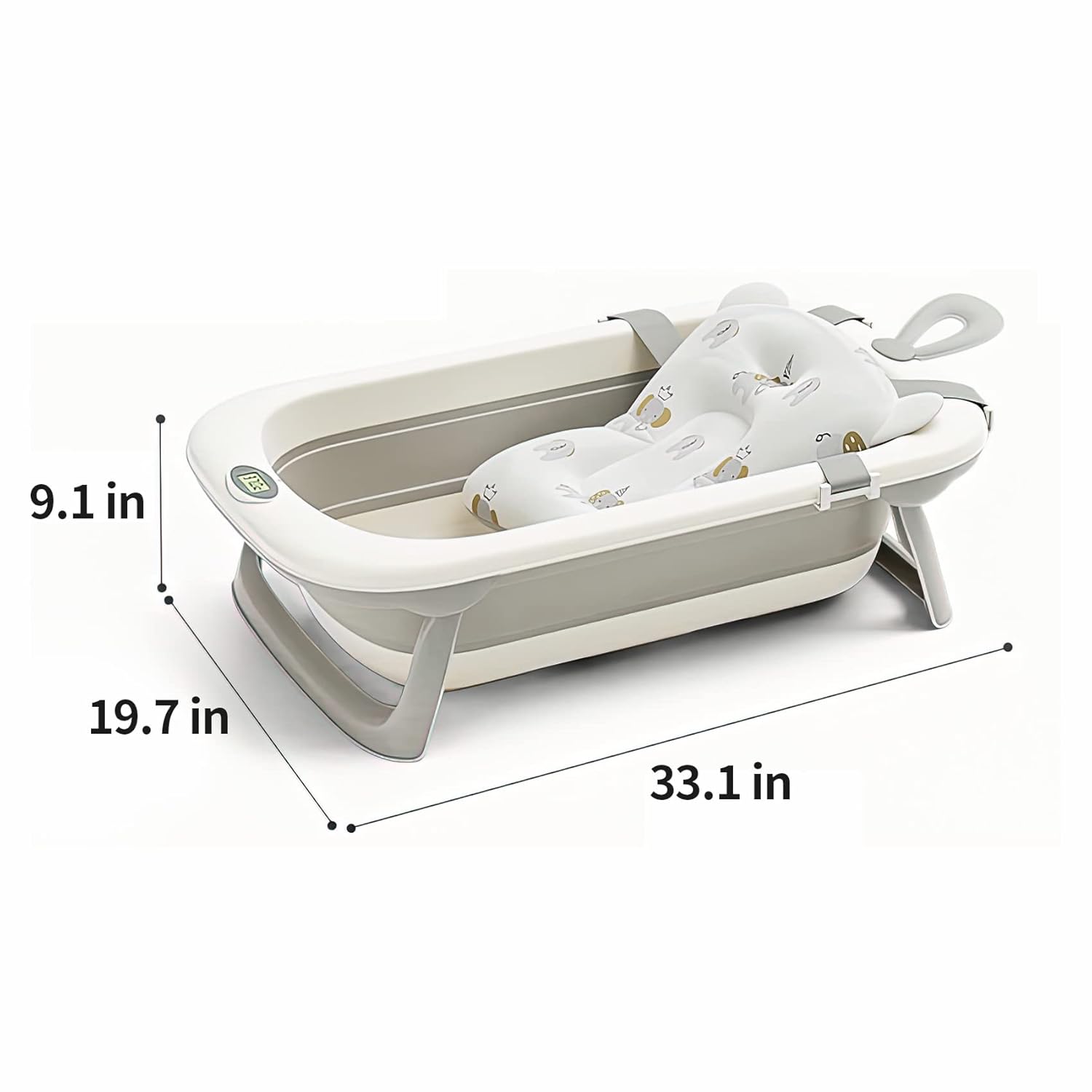 UNICOO® Baby Tub - Foldable Infant Bath Tub for Newborn to Toddler - Portable Baby Bathtub with Soft Cushion &Thermometer - Safety Belt, Detachable Cushion, Convenient Bathtub