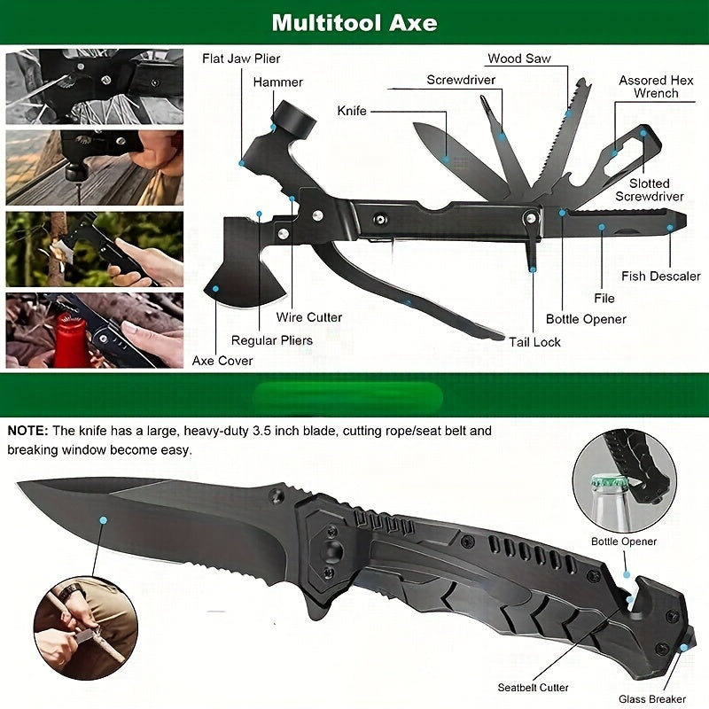 15-in-1 Multi-functional Axe Outdoor Kitchenware Set: Including Knives, Flashlight, Practical Tools for Camping, Fishing, Barbecue, Hunting, Self-driving Tours
