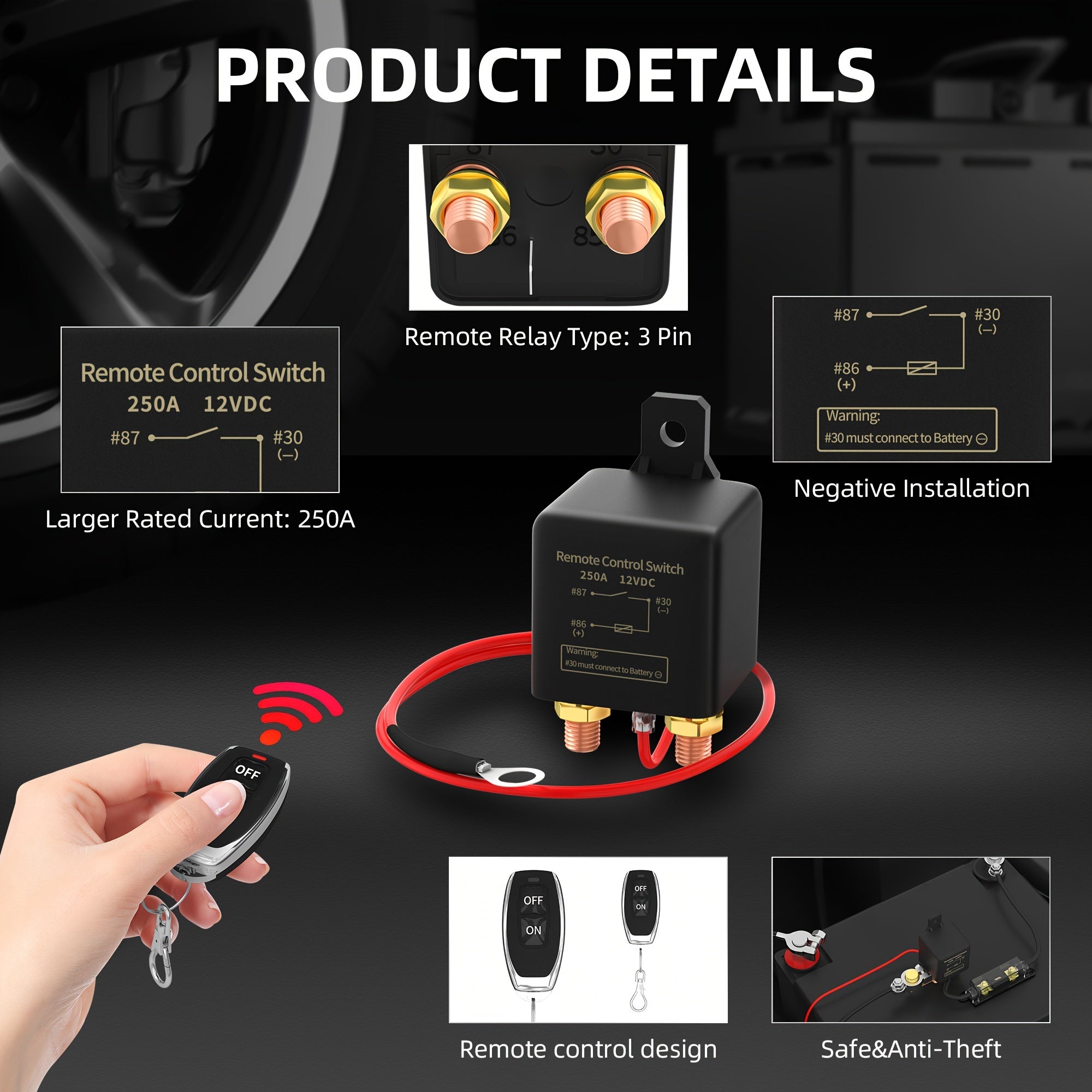 12V Remote Battery Disconnect Switch Kill Switch 250A Anti-Theft Remote Control Switch With Two Wireless Remote Control Relay Fobs For Auto Car Truck