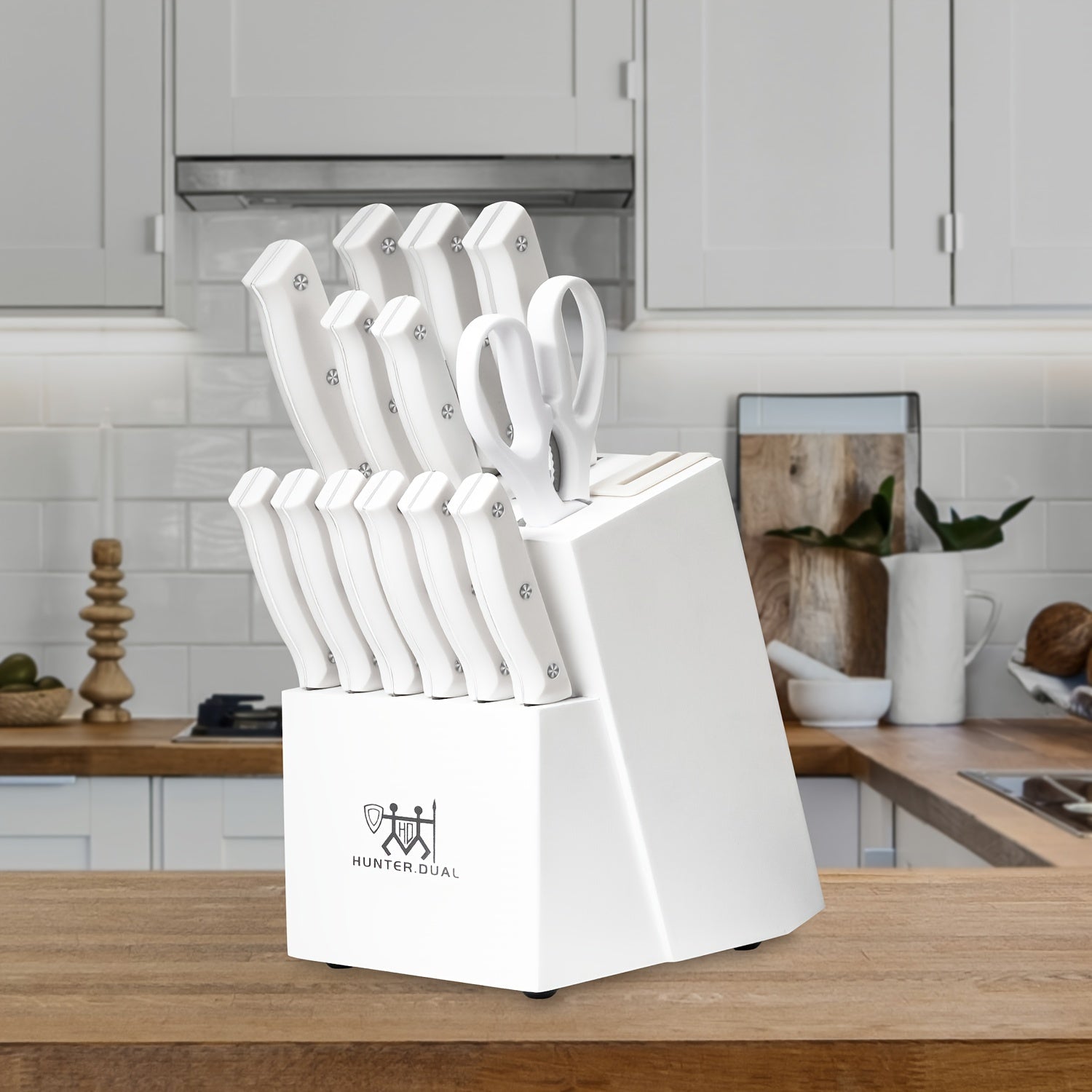 15pcs Knife Set with Sharpener Block - German Stainless Steel, Dishwasher Safe Kitchen Knives with Built-In Sharpener, white