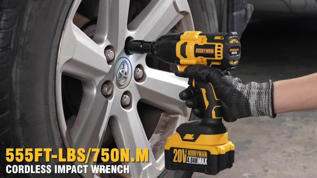 1pc Alloyman 20V Cordless Impact Wrench, 1/2" Drive, 555 Ft-lbs Max Torque, Brushless Motor, 2000 RPM, with 6 Sockets, 3 Extension Bars, 4.0 AH Li-ion Battery, Fast Charge, US Plug, Iron Material, Power Supply Operated