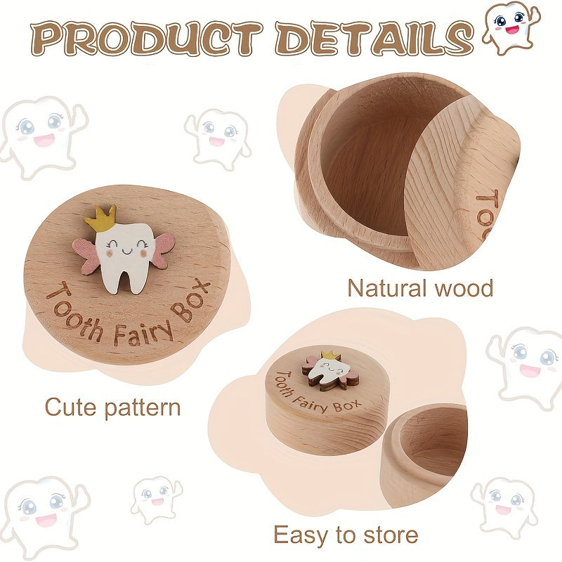 1pc Charming Wooden Tooth Fairy Keepsake Box for Youngsters - Cute 3D Tooth & Crown Design, Natural Wood Youngsters Tooth and Umbilical Cord Storage Case with Easy-Store Lid, Perfect Souvenir Gift for Youngsters, Tooth Fairy