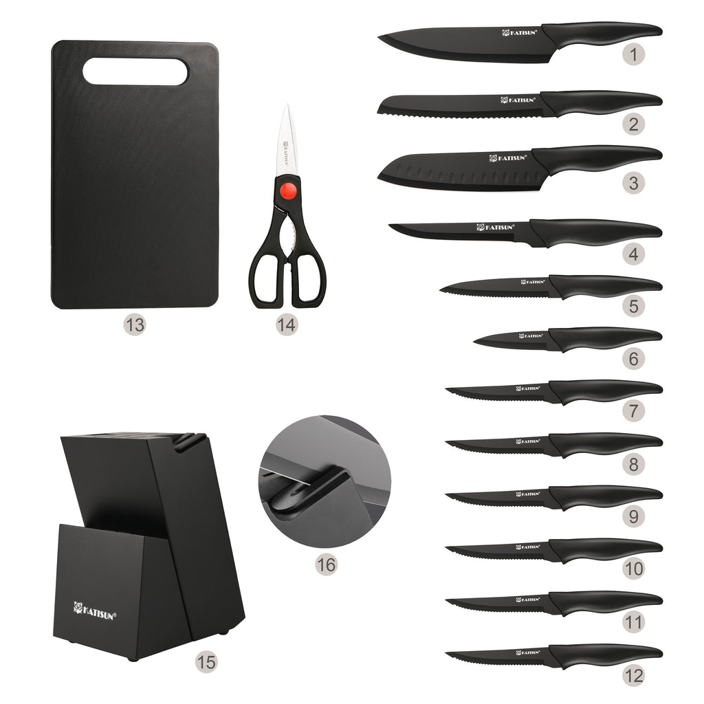15pcs Professional Black Coding Kitchen Knife Set With Black Wooden Block, Non-slip ABS Handle For Chef Knives, Plastic Cutting Board, And Kitchen Shears For Family And Restaurant