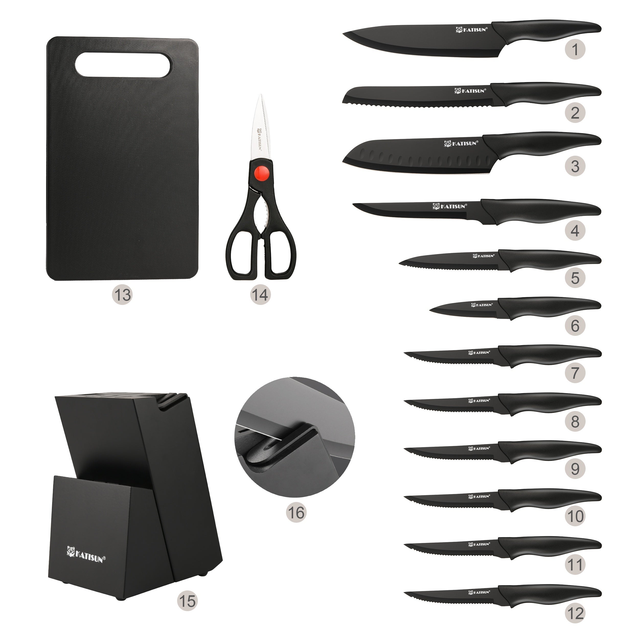15pcs Professional Black Coding Kitchen Knife Set With Black Wooden Block, Non-slip ABS Handle For Chef Knives, Plastic Cutting Board, And Kitchen Shears For Family And Restaurant