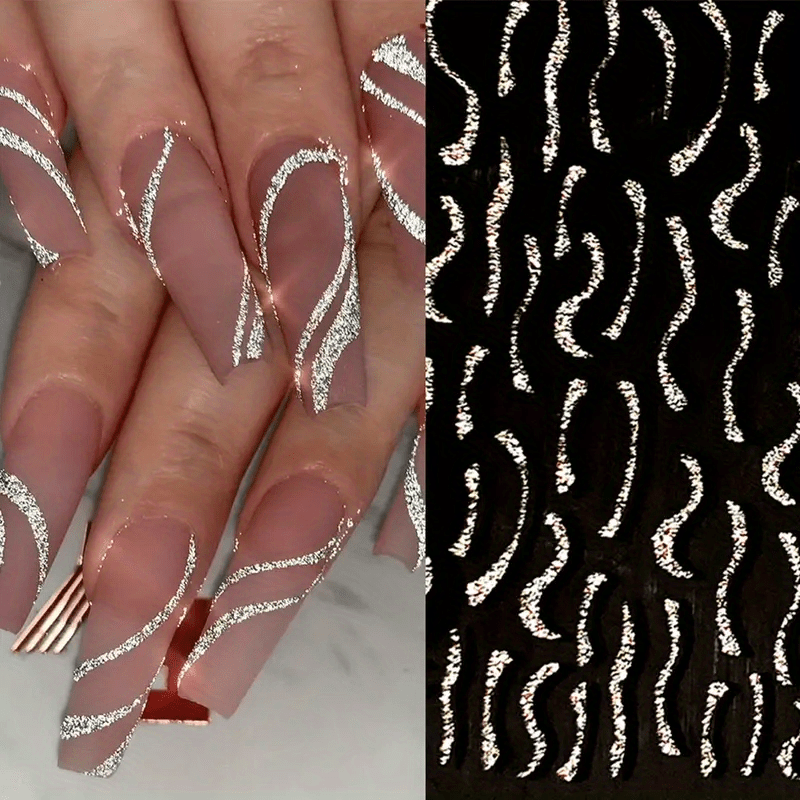 1pc 3D Nail Sticker with Stripes and Lines Charm Reminder Transfer Nail Art Decoration Silvery Reflective Glitter Sticker