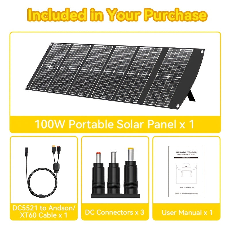 100W Portable Foldable Solar Panel Charger - High Efficiency Solar Charger with USB-C PD3.0, USB-A QC3.0, And DC 20V Output, Lightweight & Compact Design for Camping, Hiking, RV Travel, Fishing, And Outdoor Adventures