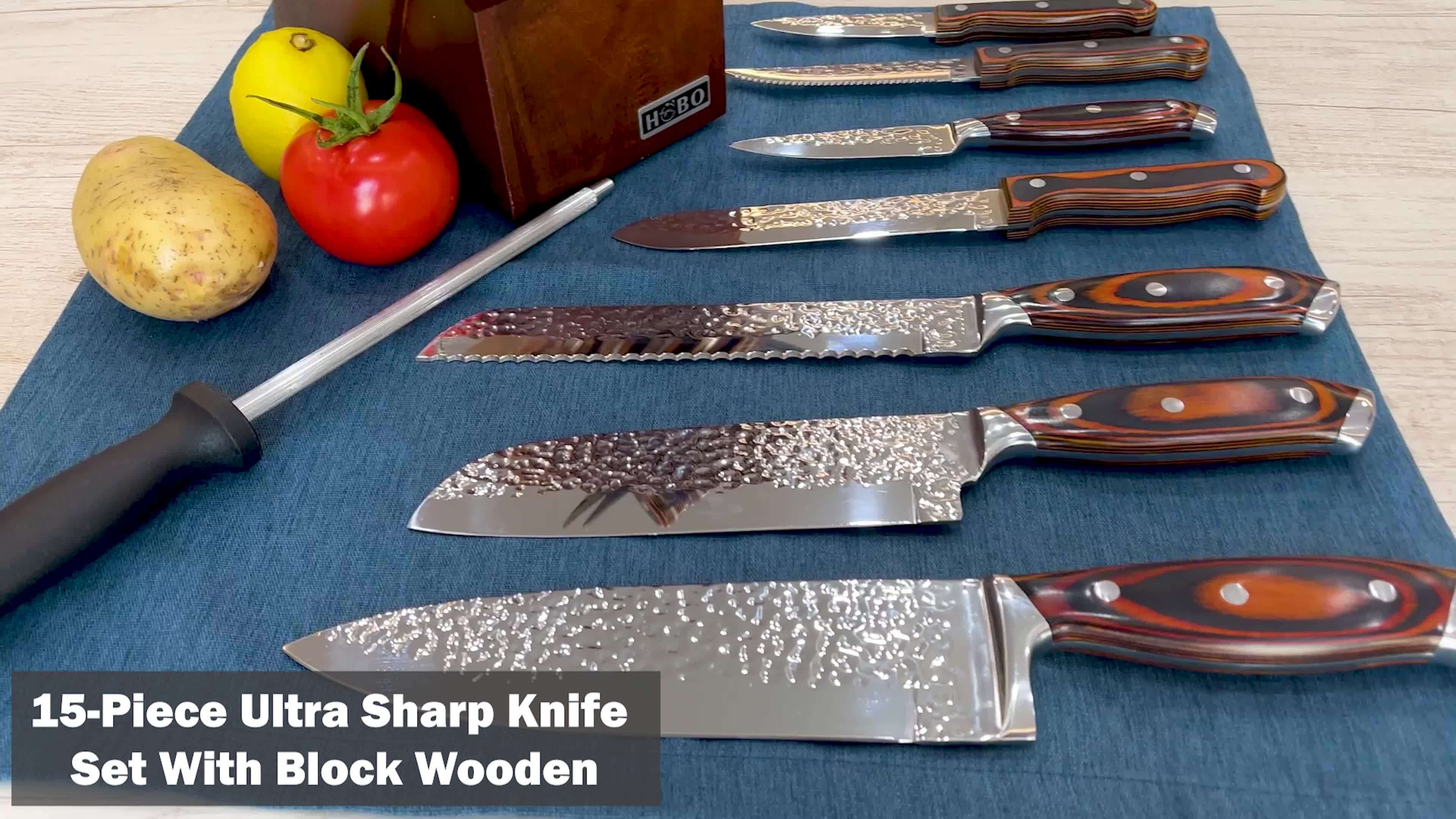 15pcs Professional Kitchen Knife Set, Kitchen Accessories, Super Sharp Knife Set With Wooden Block, Chef Knife Set With Sharpener, High Carbon Stainless Steel Hammered Knife Block Set With Steak Knives, Selection For Easter G