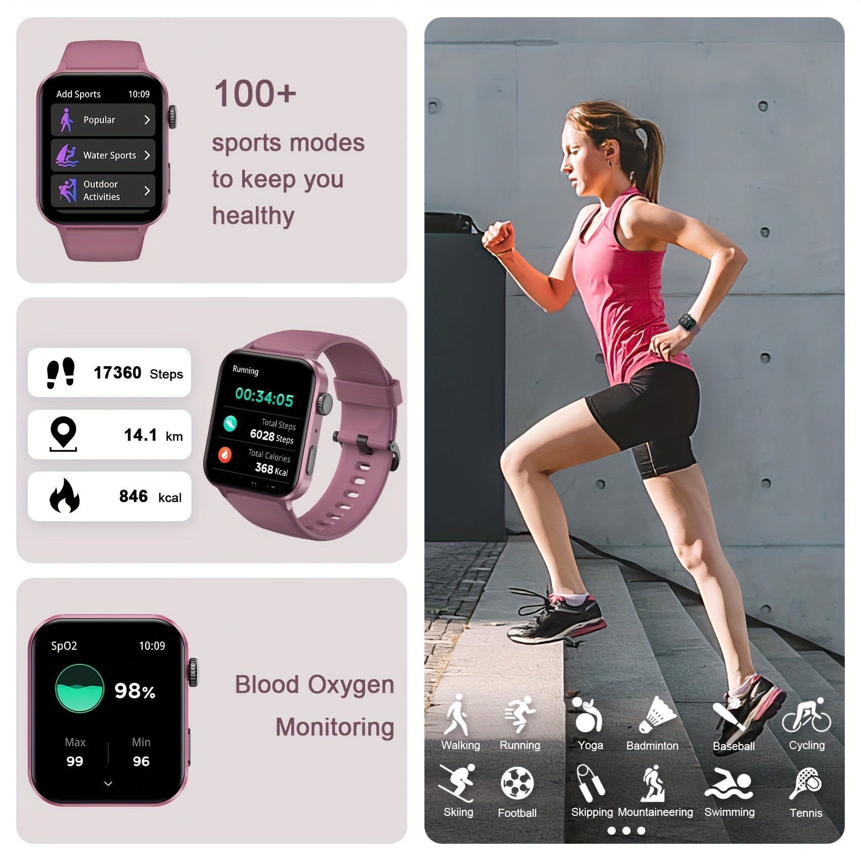 1.85" Vibrant Purple Smartwatch for Men and Women - 100+ Sports Modes Fitness Tracker, Pedometer, Music Control, Remote Control Photo, Waterproof Fitness Watch for Android iPhone [2024
