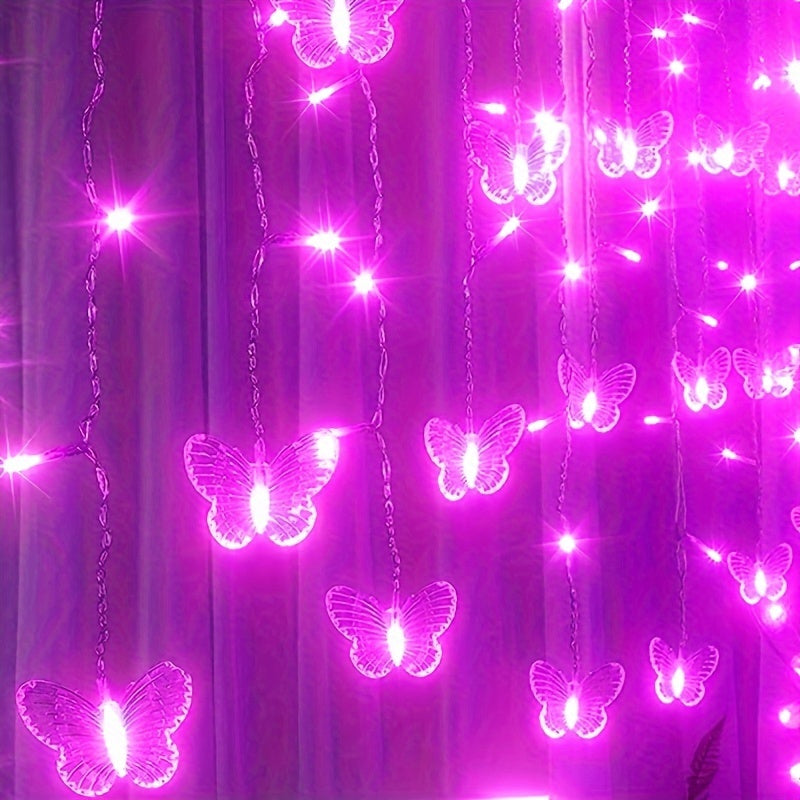 16-Butterfly LED Curtain Lights - 96 Bulbs, 18FT USB, 8 Dreamy Modes, Remote Control - Romantic Purple Bedroom & Party Decor