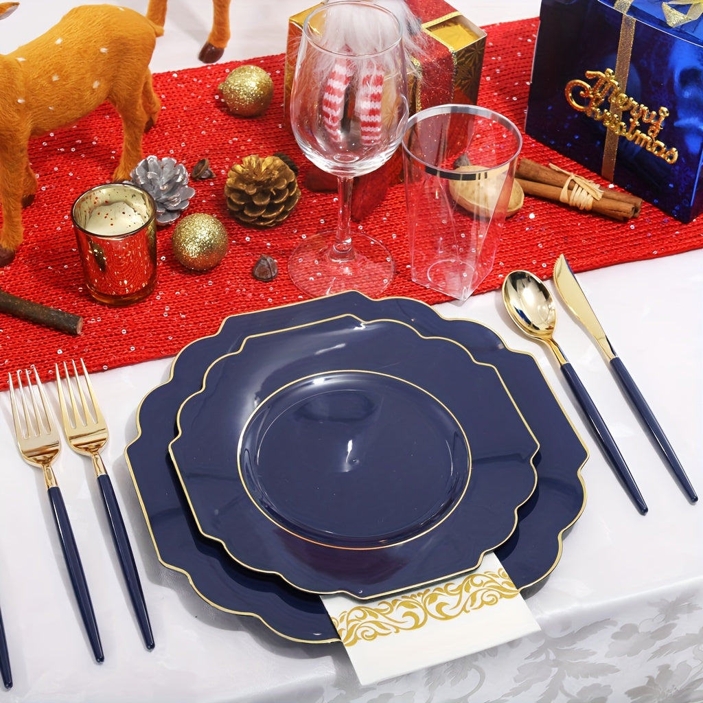 140PCS Plastic Plates - Gold Plastic Silverware, Gold Disposable Plates Include 40Plates, 20Cups, 20Forks, 20 Knives, 20Spoons, 20Napkins for Weddings & Parties