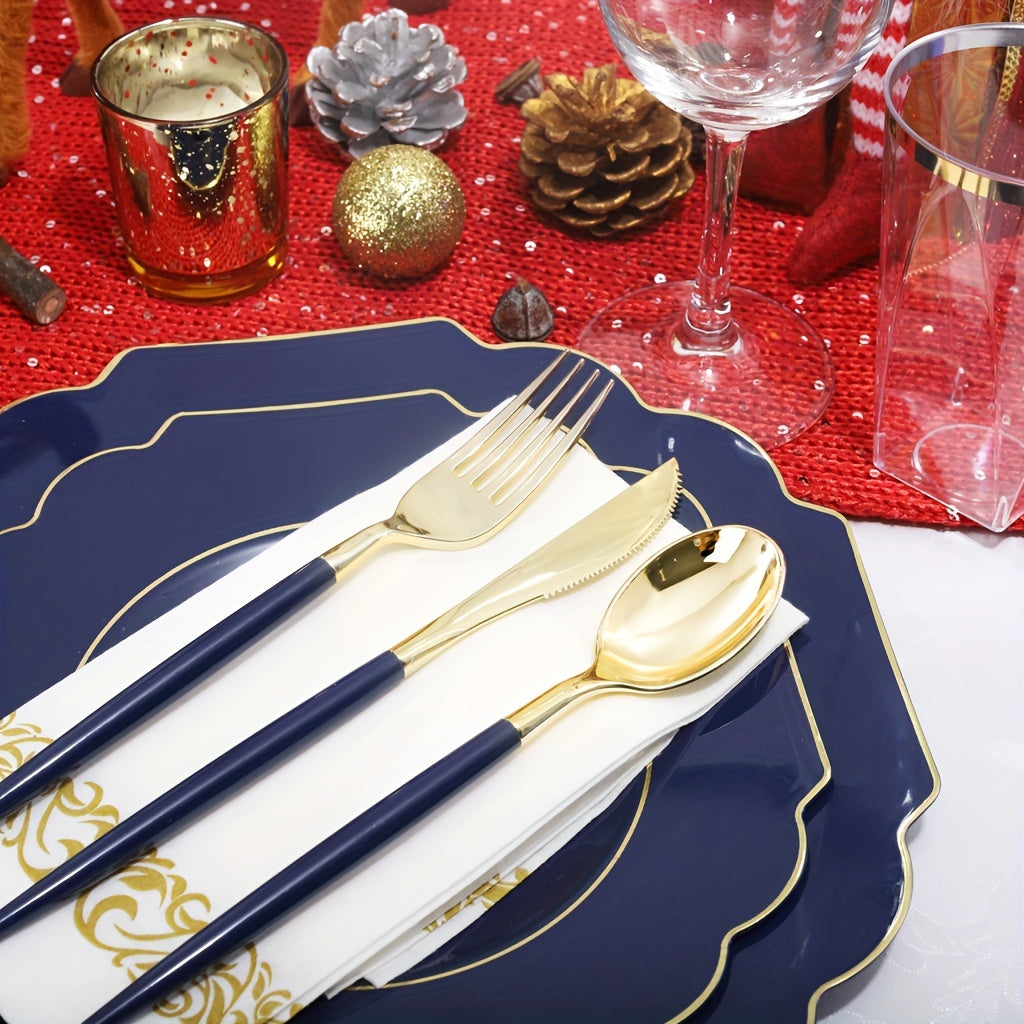 140PCS Plastic Plates - Gold Plastic Silverware, Gold Disposable Plates Include 40Plates, 20Cups, 20Forks, 20 Knives, 20Spoons, 20Napkins for Weddings & Parties