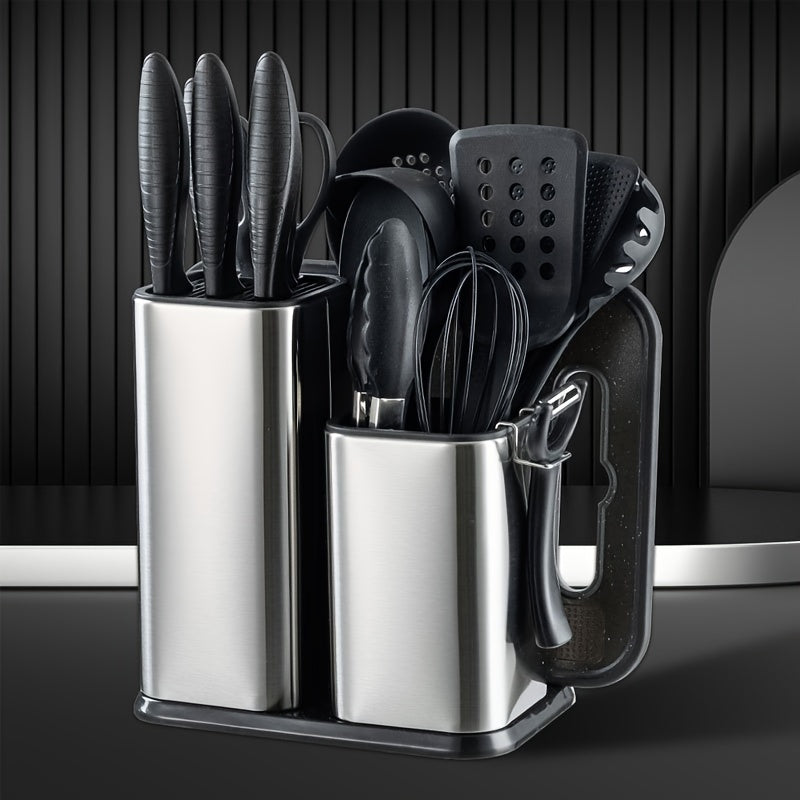 19-Piece Premium Knife Combination Set - High-Quality Silicone Cooking Utensils, Stainless Steel Storage Bucket, Durable Black Titanium Knives, Paring Knife, Dishwasher Safe, Easy Storage, Space-Saving Design