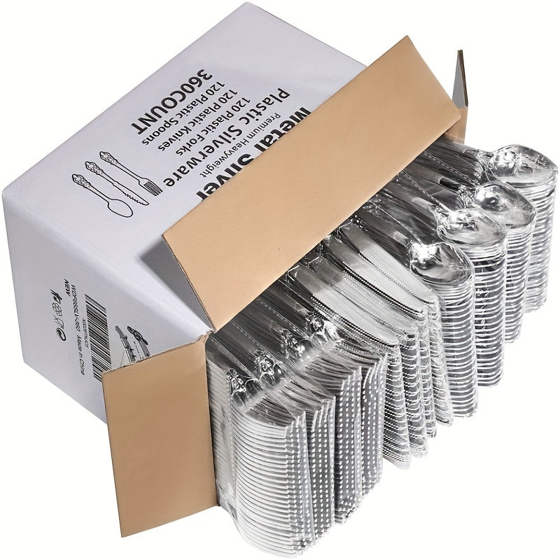120 Forks, 120 Spoons, 120 Knives - 360 Pieces Heavyweight Silver Plastic Disposable Flatware Silverware