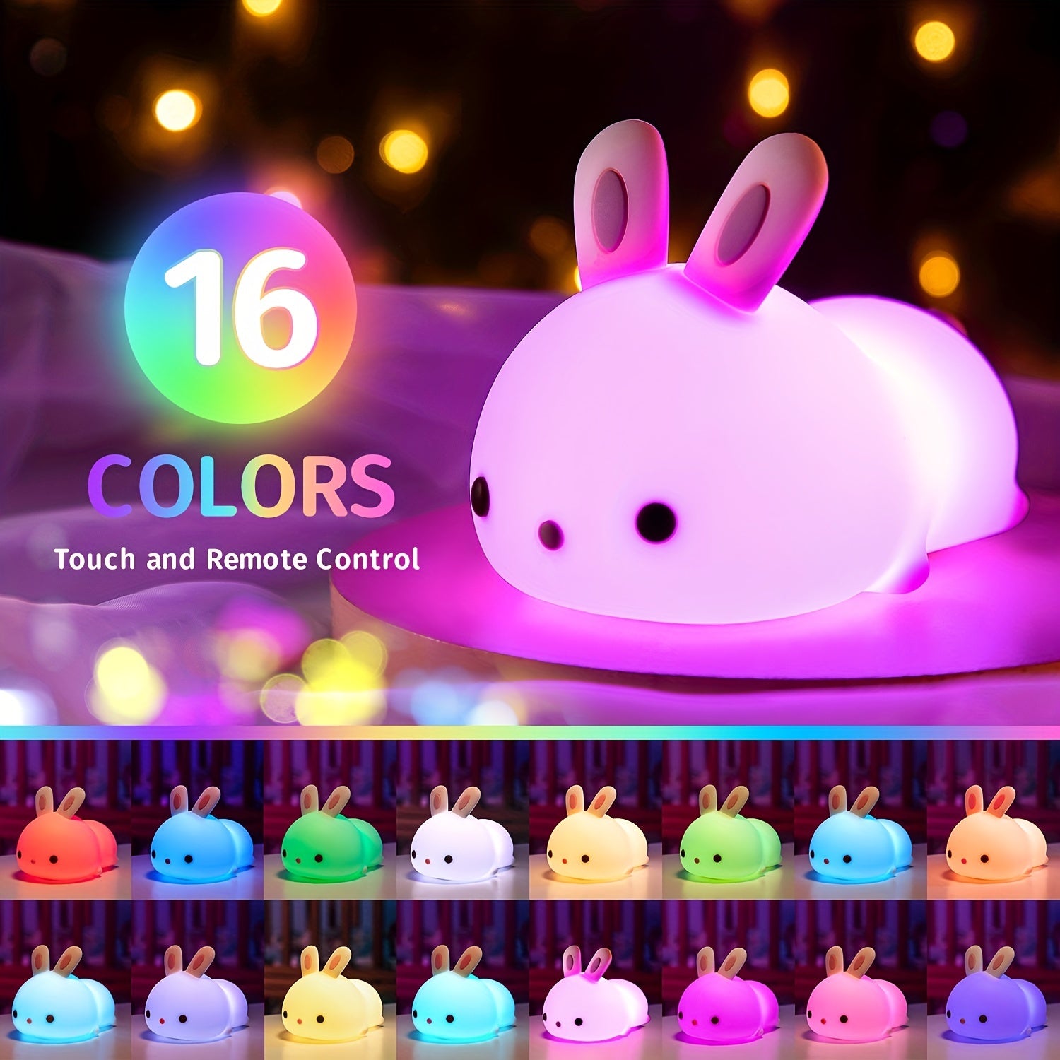 1800mAh Rechargeable Cute Bunny Night Light - Vibrant 16 Colors, Remote Control, 10-Level Dimmable, Timer Function, Silicone Material - Perfect for Bedrooms, Nurseries, Hotel Stays, and as a 100% Safe Gift