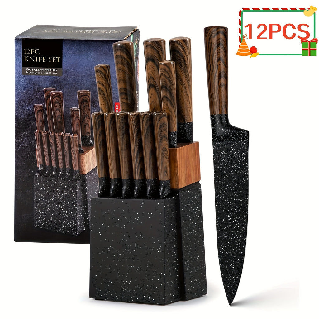 12pcs Professional Chef Knife Set with Steak Knives, High Carbon German Stainless Steel Blades and Japanese Wooden Pattern Handles, Ideal for Kitchen and Restaurant Use, Perfect Christmas Gift