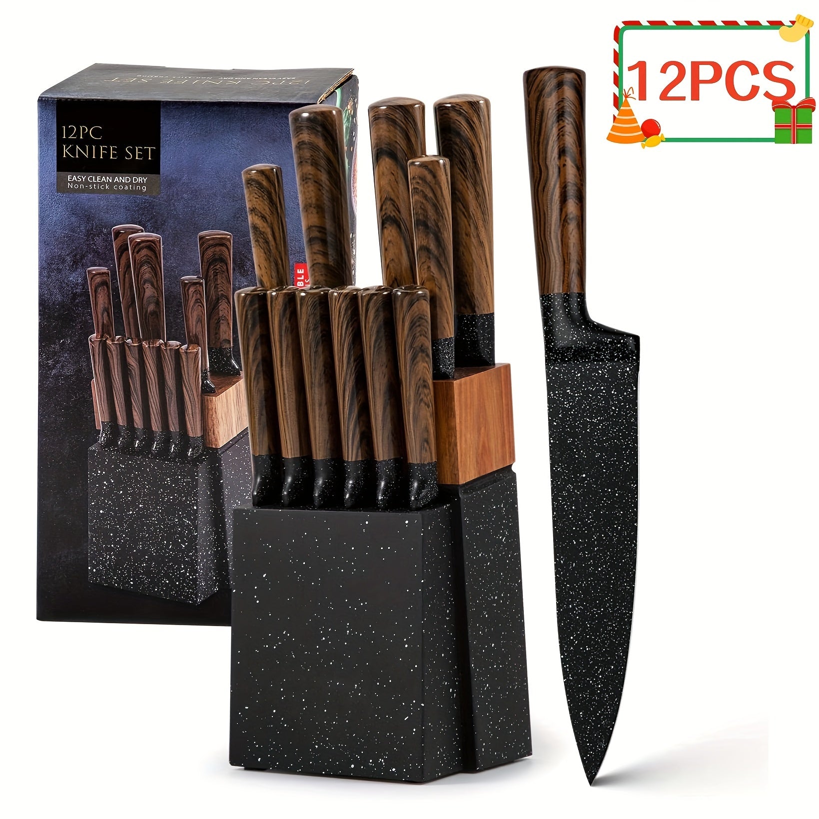 12pcs Professional Chef Knife Set with Steak Knives, High Carbon German Stainless Steel Blades and Japanese Wooden Pattern Handles, Ideal for Kitchen and Restaurant Use, Perfect Christmas Gift