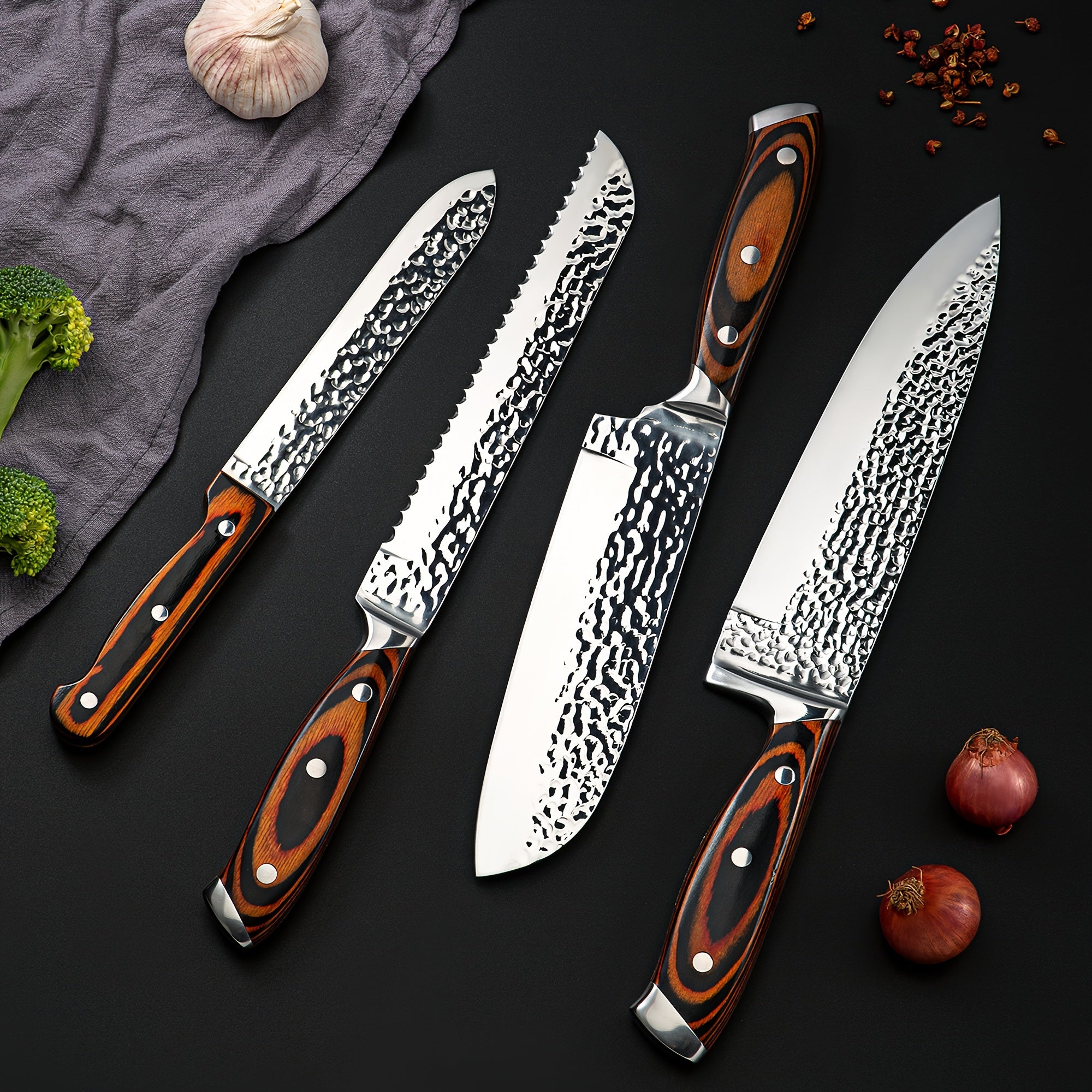 15pcs Professional Kitchen Knife Set, Kitchen Accessories, Super Sharp Knife Set With Wooden Block, Chef Knife Set With Sharpener, High Carbon Stainless Steel Hammered Knife Block Set With Steak Knives, Selection For Easter G