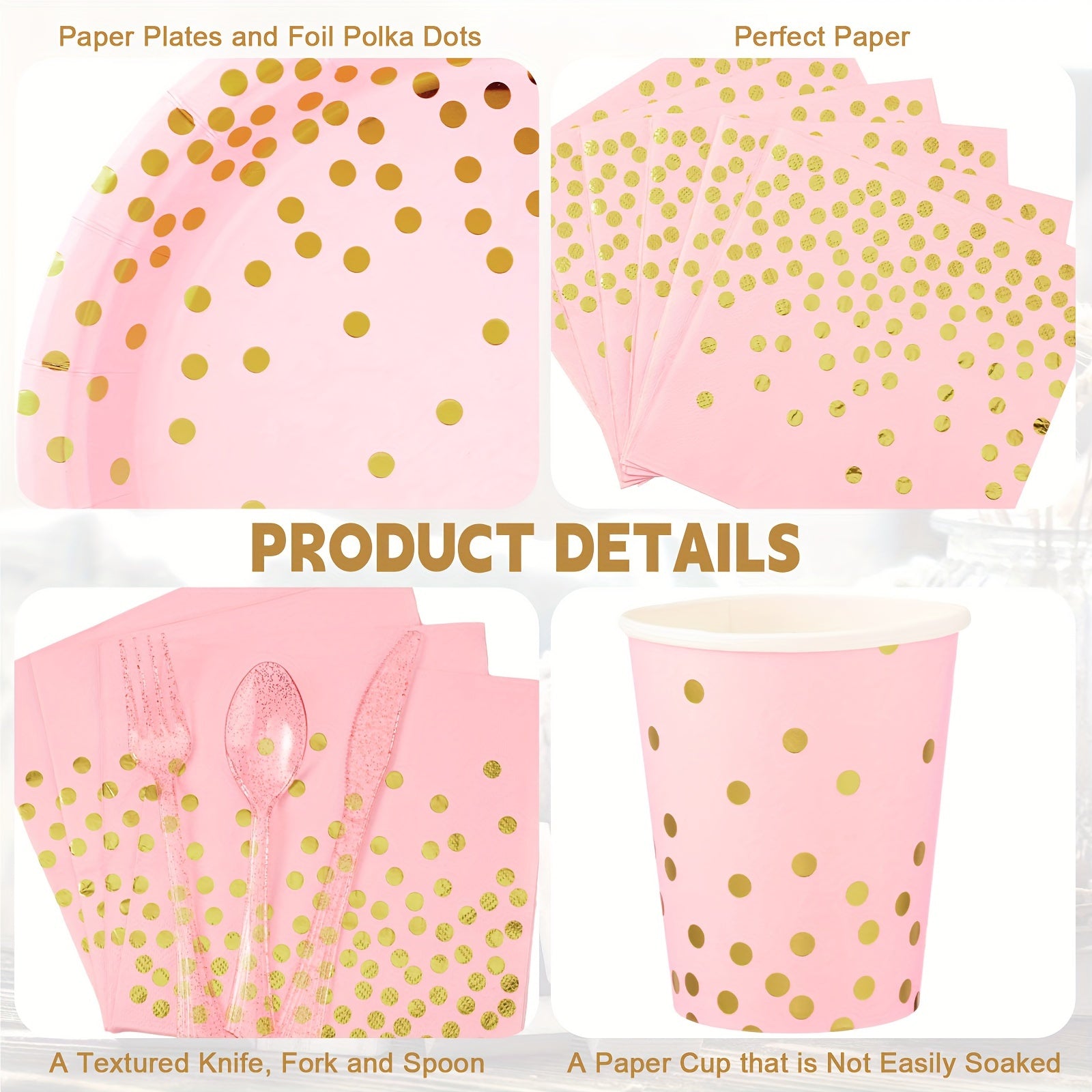 1050 Pcs Gold Dot Paper Plates Set Serve 150 Polka Dot Party Supplies Include Paper Plates Napkins Cups And Plastic Forks Knives Spoons For Birthday Engagement Baby Shower Wedding, Pink