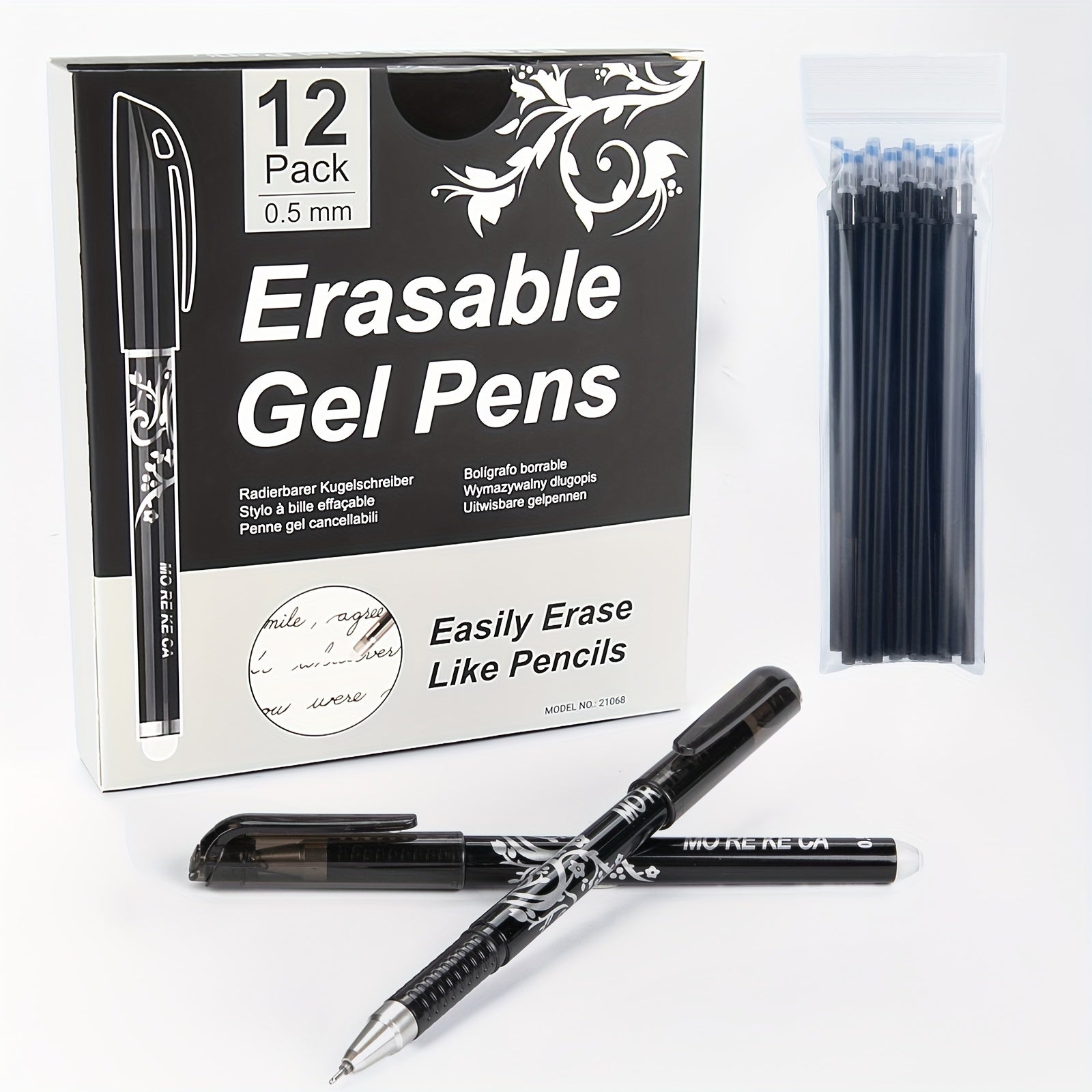 12PCS Erasable Gel Pens Set - Smooth Writing, Quick-Dry Ink, 0.5mm Fine Tip, Rubber Grip, and 20 Refills for School, Office, and Art Supplies - Dark Grey