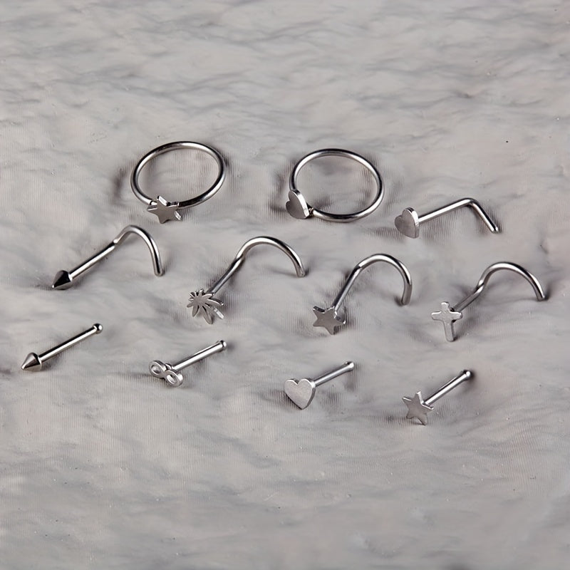 11PCS 316L Stainless Steel Nose Ring Set: Simple Style Nose Nail Body Piercing Jewelry with Star, Love Heart, and More Shapes